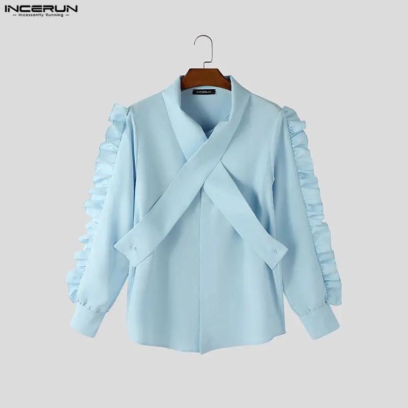 INCERUN hommes chemise couleur unie revers à manches longues à volants décontracté hommes vêtements 