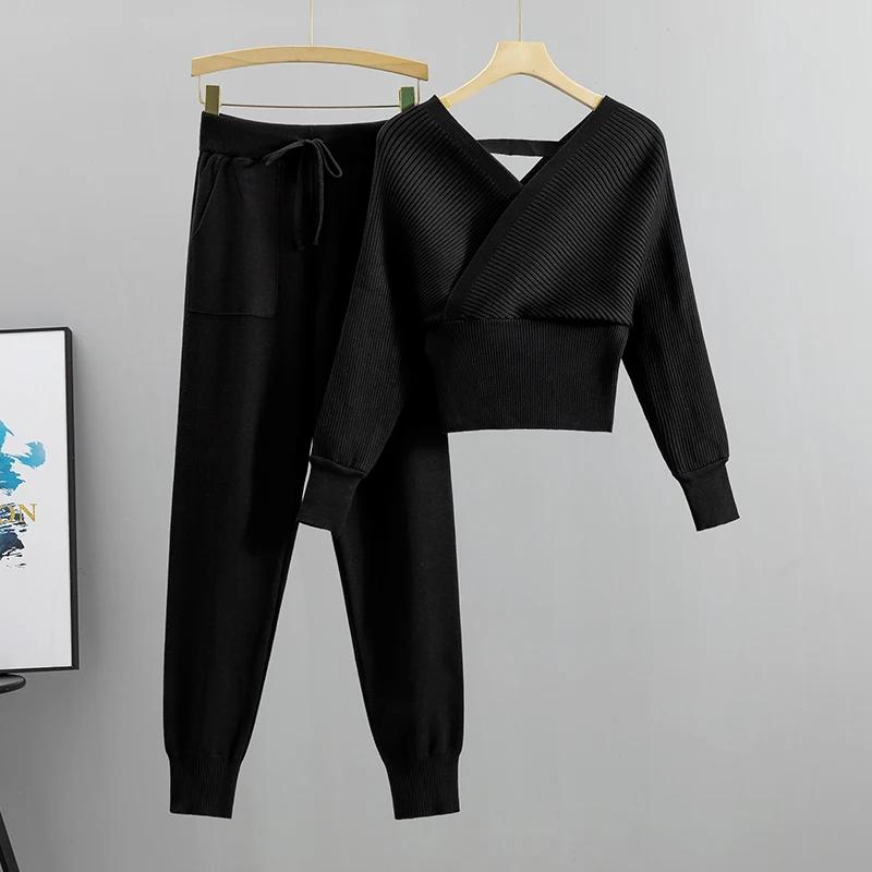 Ensemble deux pièces pour femme, survêtement élégant, Sexy, Style coréen, tricoté, côtelé, dos nu, L