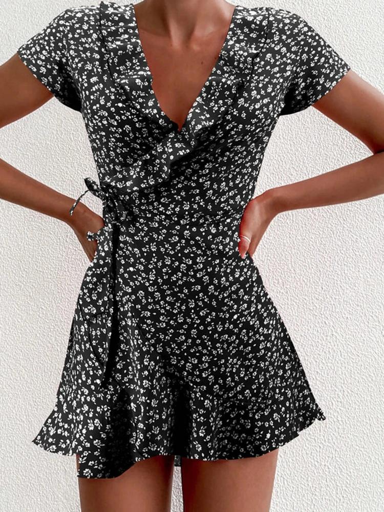 Robe trapèze flottante d'été pour femmes, douce et élégante, à volants floraux, col en v, robe court