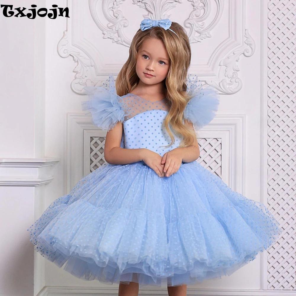 Robes de mariée à fleurs pour filles, bleu ciel, élégantes, col rond, sans manches, à pois, en dente