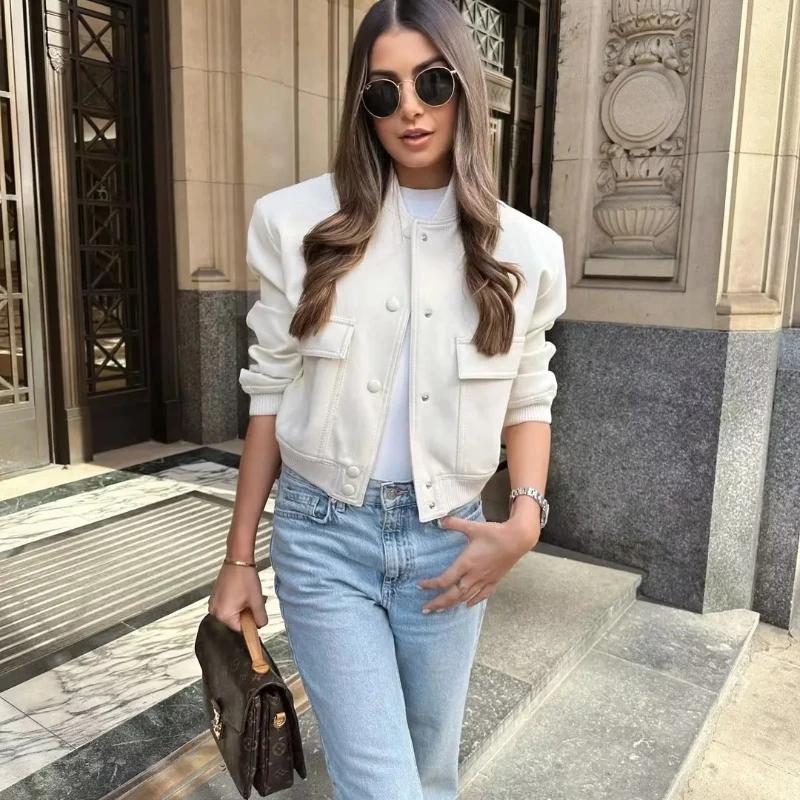 HXAO femme Bomber veste manteau blanc automne hiver bouton Baseball aviateur recadrée vestes pour fe