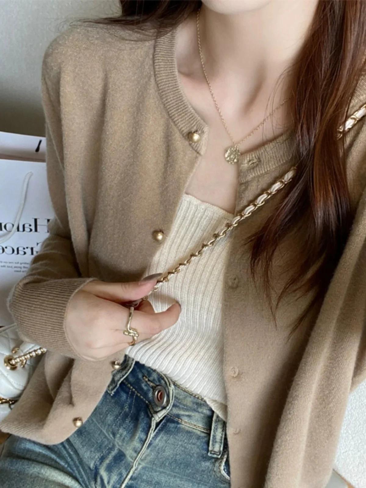 Cardigan tricoté de couleur unie pour femmes, coréen, simple boutonnage, manches longues, col rond, 