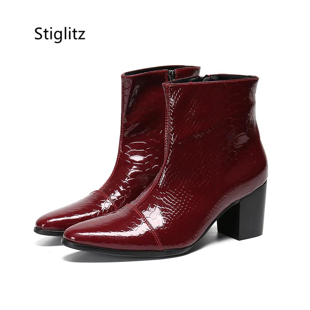 Bottines en cuir véritable pour hommes, noir et rouge, talons hauts de 8Cm, motif serpent rétro, bou