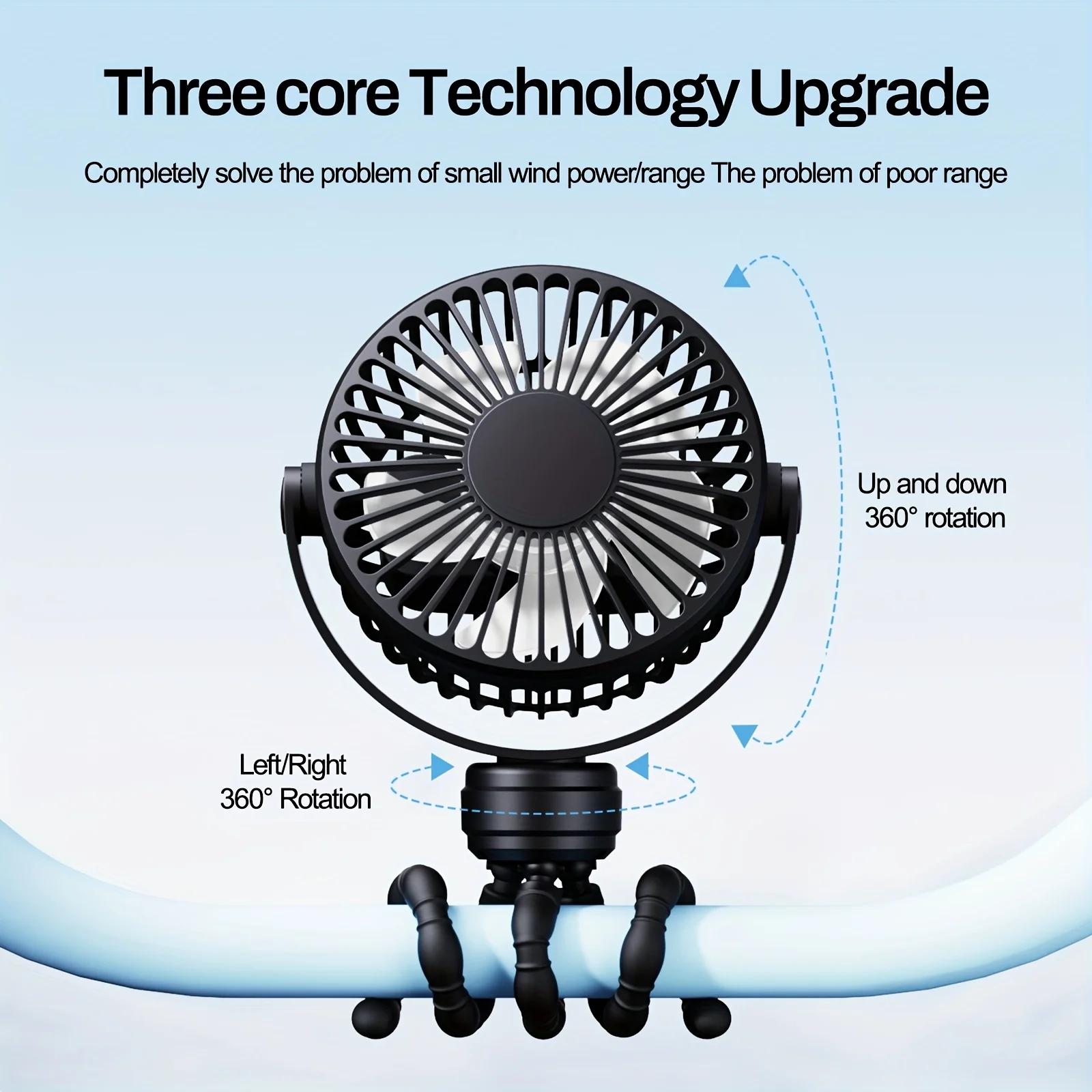 Mini ventilateur portable flexible sur trépied, rechargeable, 3 vitesses, pour poussette, avec rotat