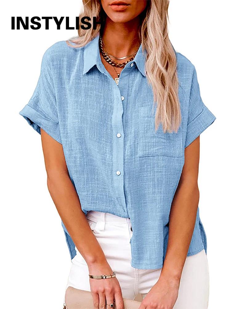 Chemisier ample en coton et lin pour femmes, décontracté, couleur unie, manches courtes, Vintage, Ha