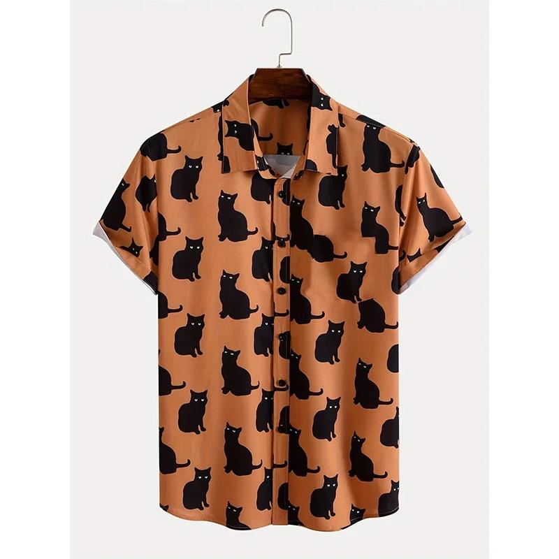 Été mignon chat imprimé chemise hommes décontracté à manches courtes hawaïen décontracté bouton reve