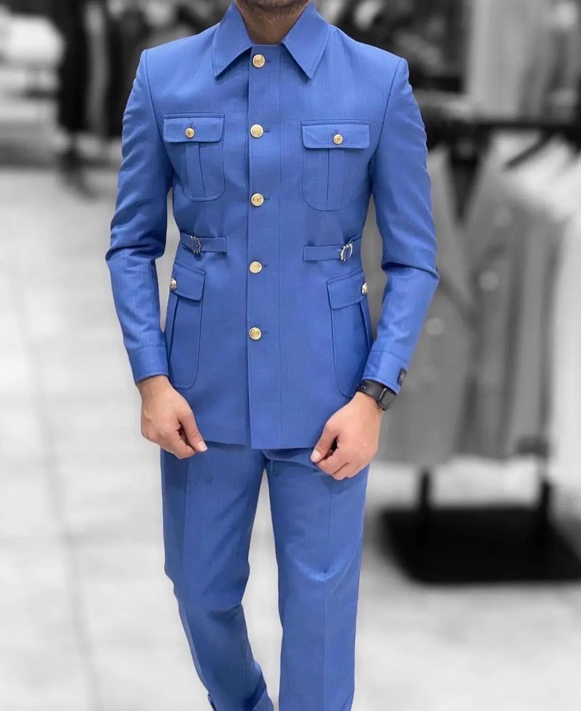Costumes Safari pour hommes avec col montant, simple boutonnage, smoking formel pour mariage, soirée