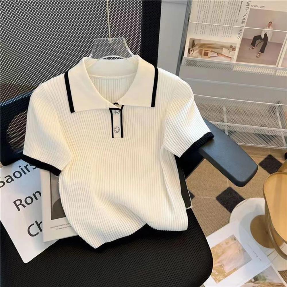 T-shirt à manches courtes tricoté en soie glacée pour femmes, polo à la mode et élégant, nouvelle co
