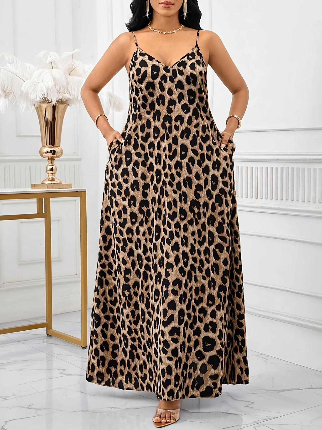 Robe à bretelles fines imprimé léopard pour femme, robe bohème dos nu pour femme, robe ample sans br