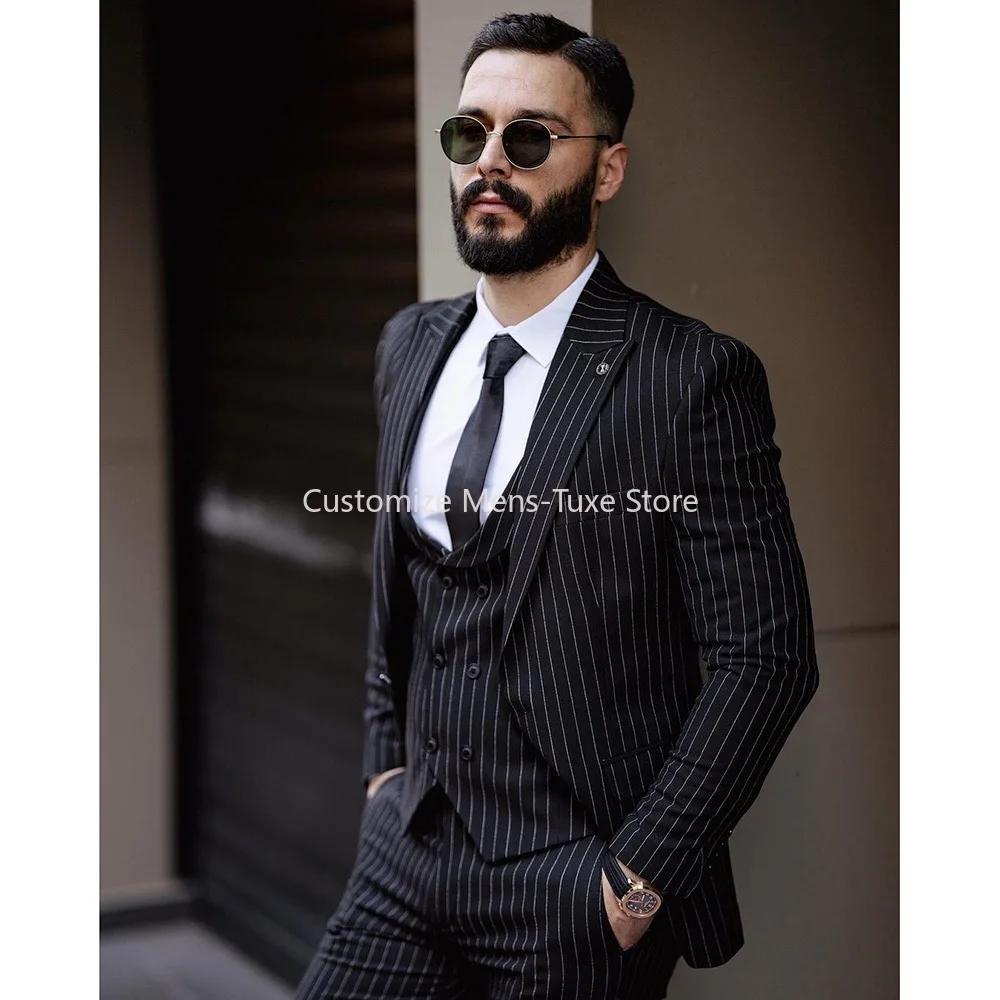 Costume noir à fines rayures pour hommes, ensemble blazer coupe couvertes, veste et pantalon, revers