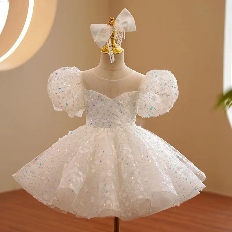Robe pour enfants blanc gonflé Tulle haut de gamme défilé de mode anniversaire robe de princesse élé