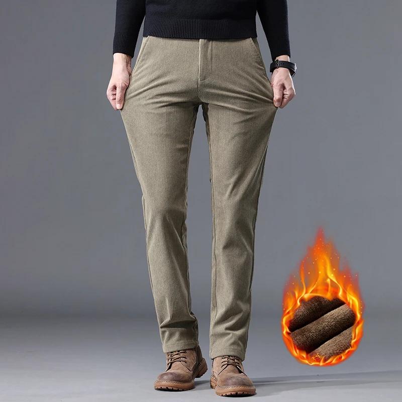Kaki noir gris polaire hommes velours côtelé pantalons décontractés Chenille épais Stretch pantalon 