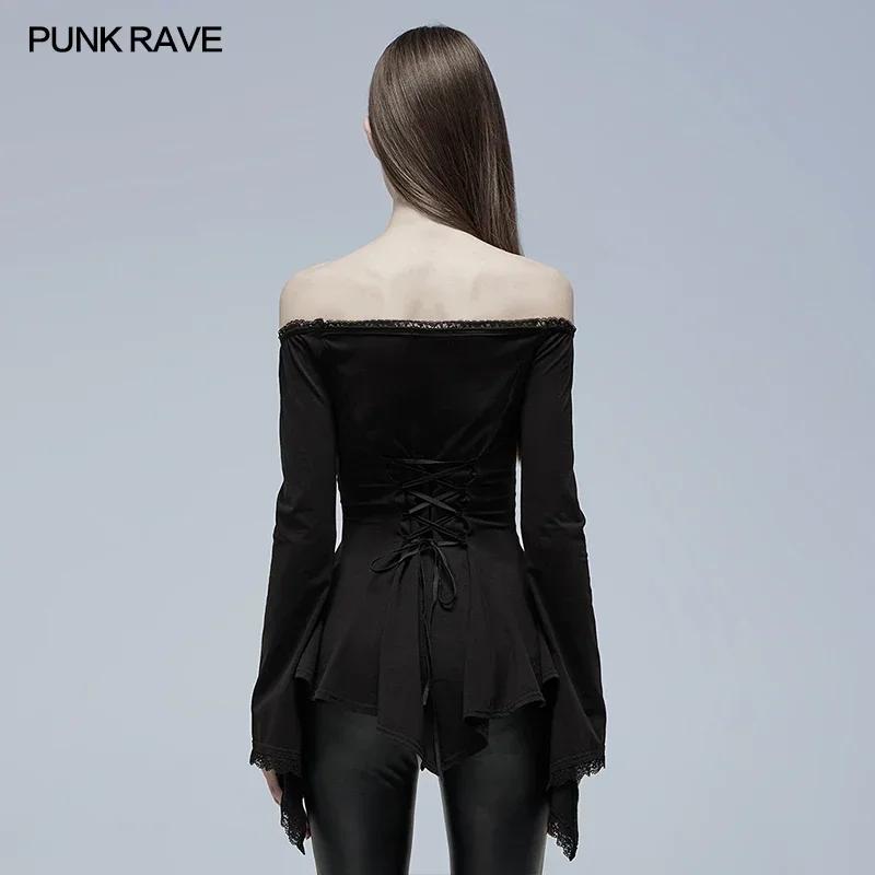 PUNK RAVE-T-shirt à manches longues gothique pour femme, col slash, ligne A, coton élastique, noir, 