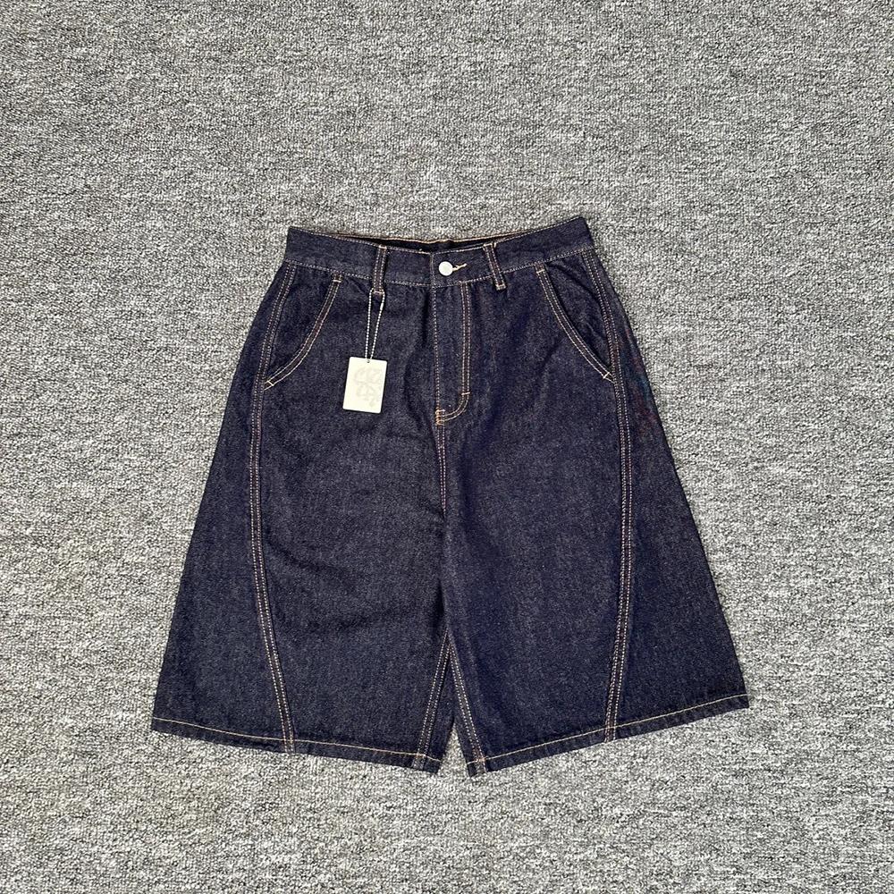 Short en Denim pour hommes, Streetwear, avec lettres brodées, droit, bleu délavé, Baggy, longueur au