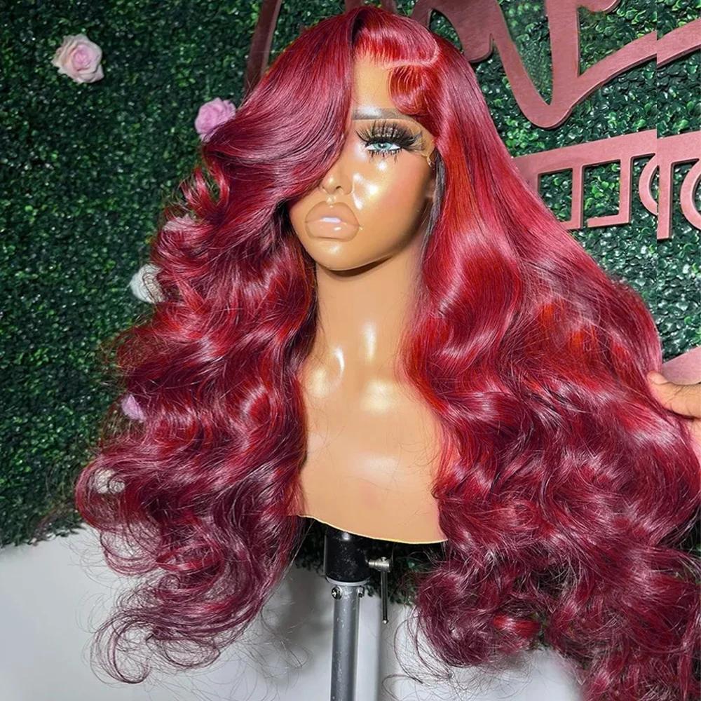 Perruque Body Wave Lace Front Wig Naturelle, Cheveux Humains, Couleur Rouge Bordeaux 99J, Transparen