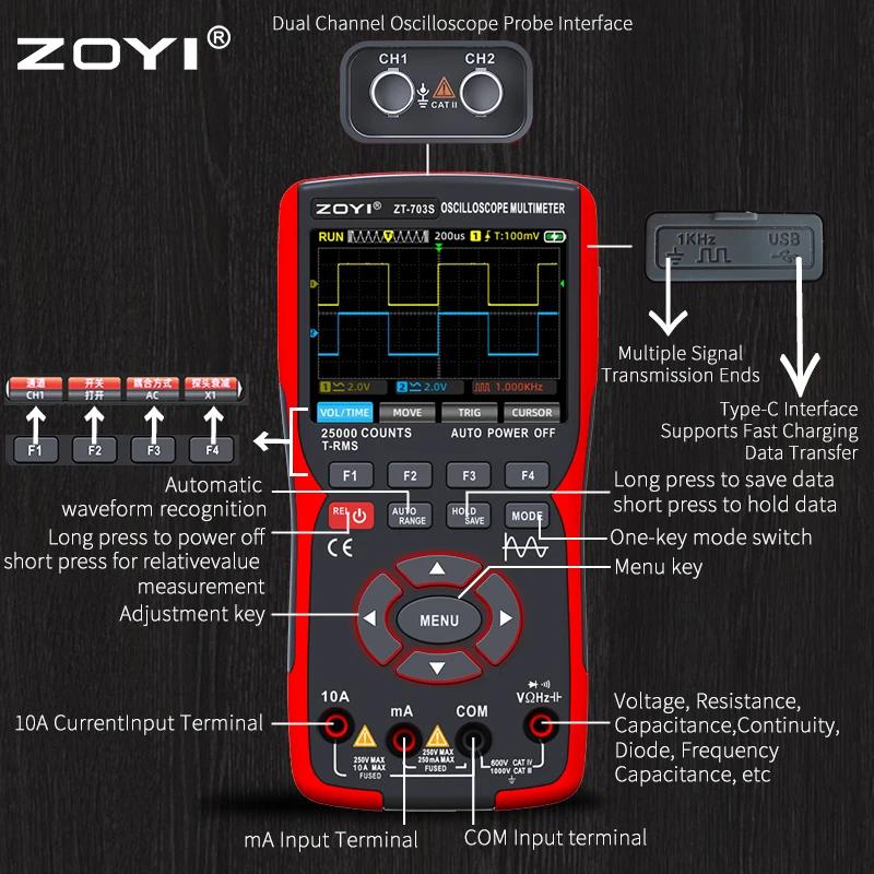 ZOYI ZT-703S multimètre oscilloscope 3 en 1 avec écran IPS de 3,5 pouces, 25000 points, bande passan