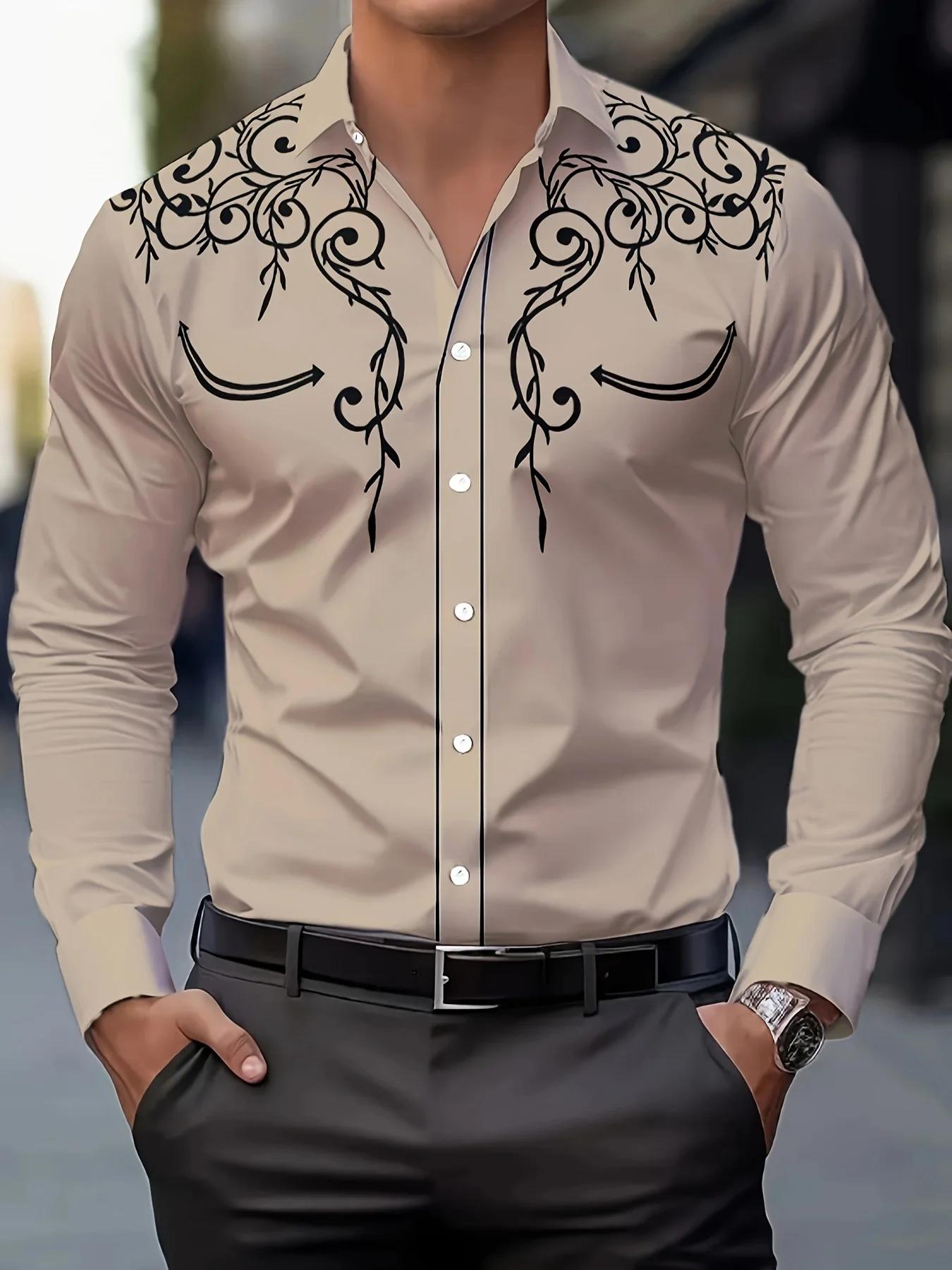 Chemise élégante à manches longues pour hommes, respirante et décontractée, boutonnée, vintage, prin
