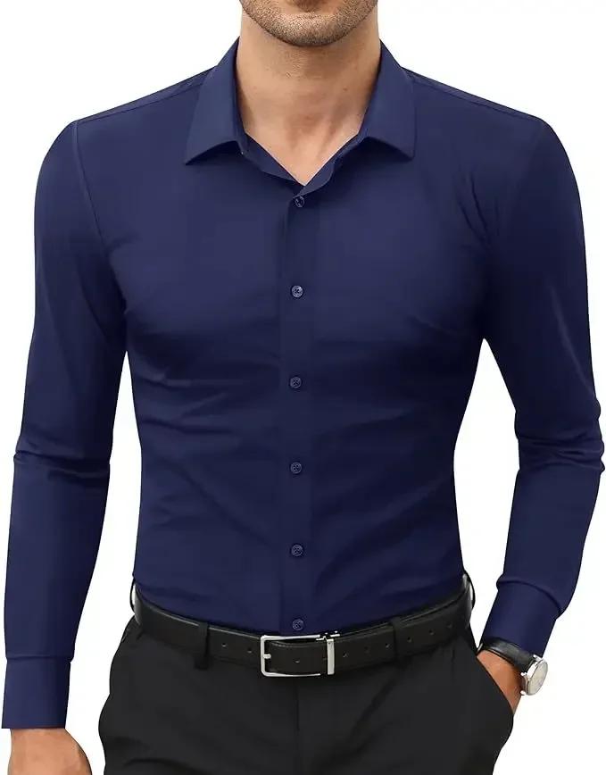 Chemise décontractée à manches longues pour hommes, élastique à quatre côtés, sans repassage, robe d
