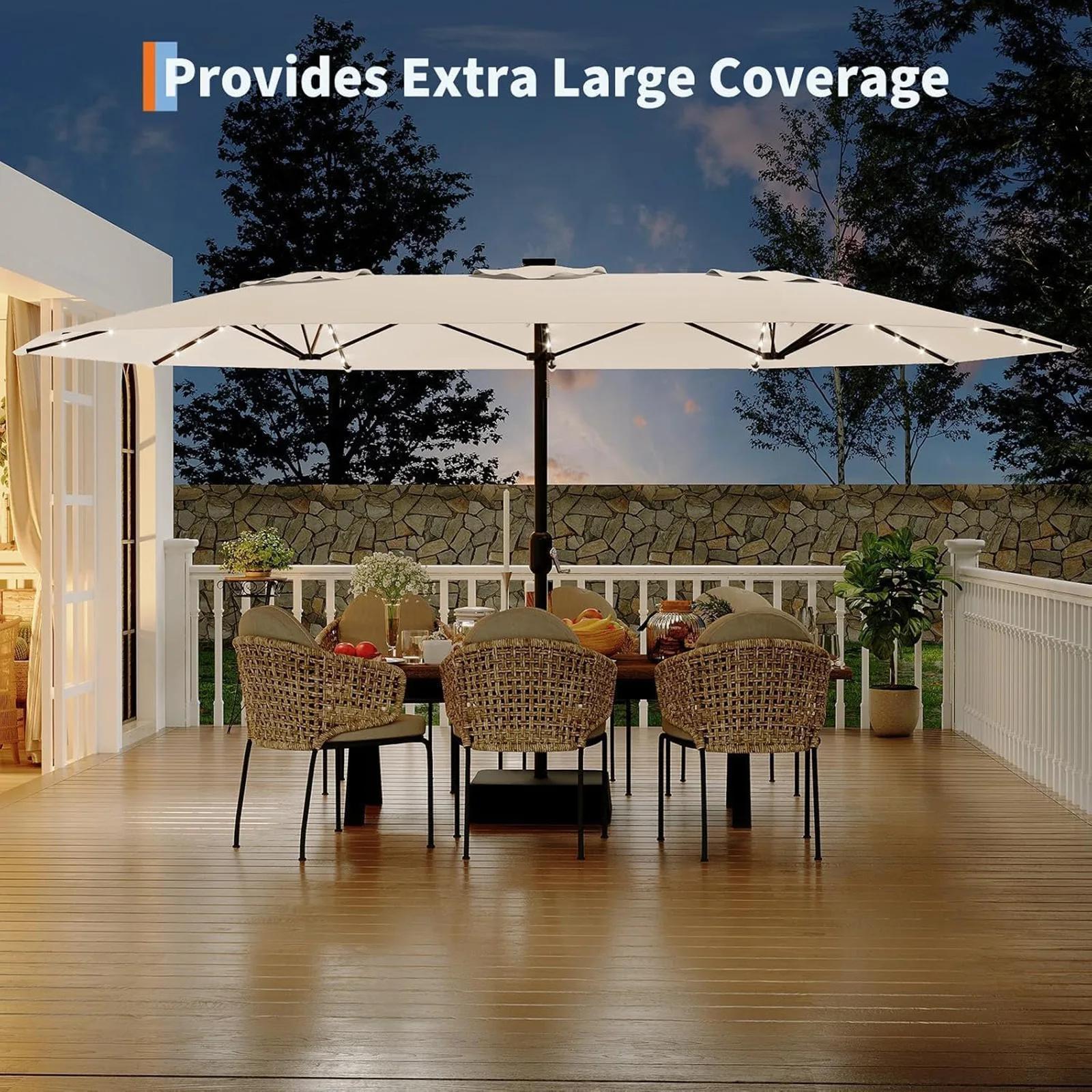 Parasol de patio extérieur de 15 pieds avec lumières LED solaires et base, grand pare-soleil rectang