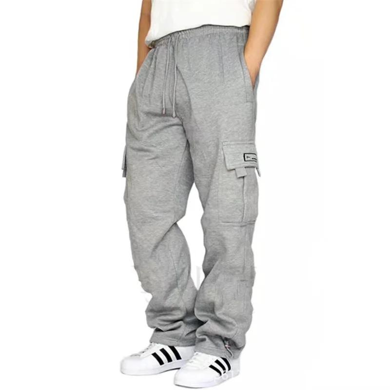 Pantalon de sport décontracté pour hommes, couleur unie, multi-poches, jambe droite, ample, grande t
