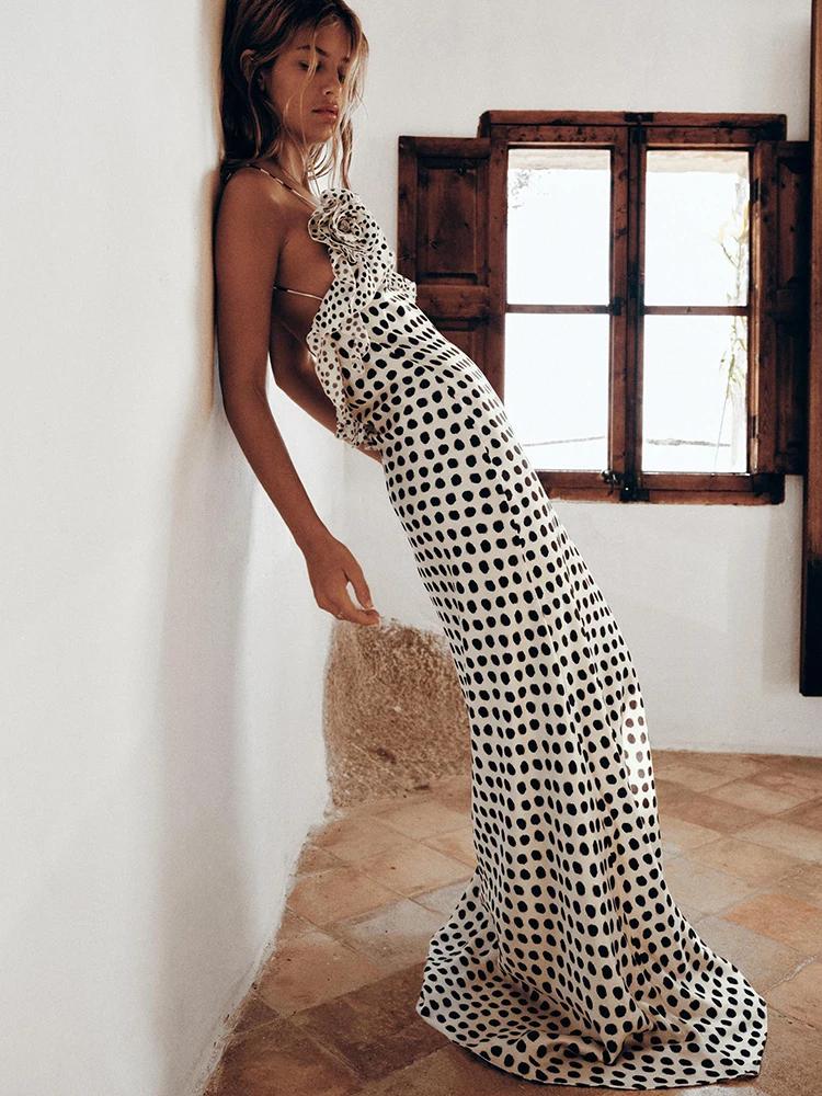 JULISSA MO Sexy dos nu imprimé points fleur femmes robe Maxi Spaghetti sangle robe de soirée automne