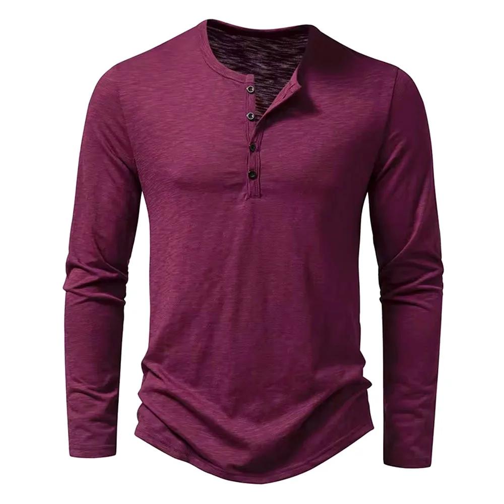 T-Shirt à Manches sulfet Col Henley en Coton pour Homme, Décontracté, Solide, Respirant, Polyvalent,