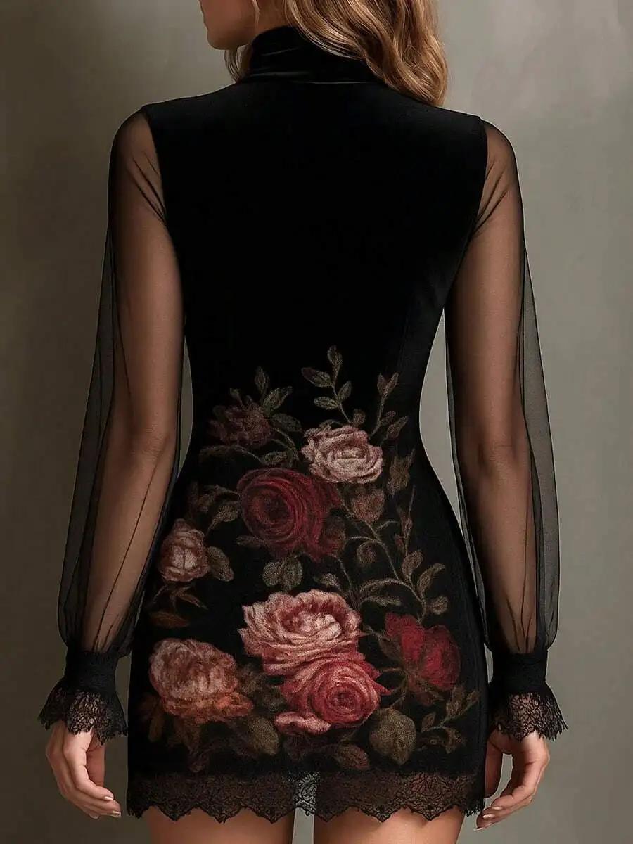 Robe courte sexy en dentelle et tissu transparent à col halter
