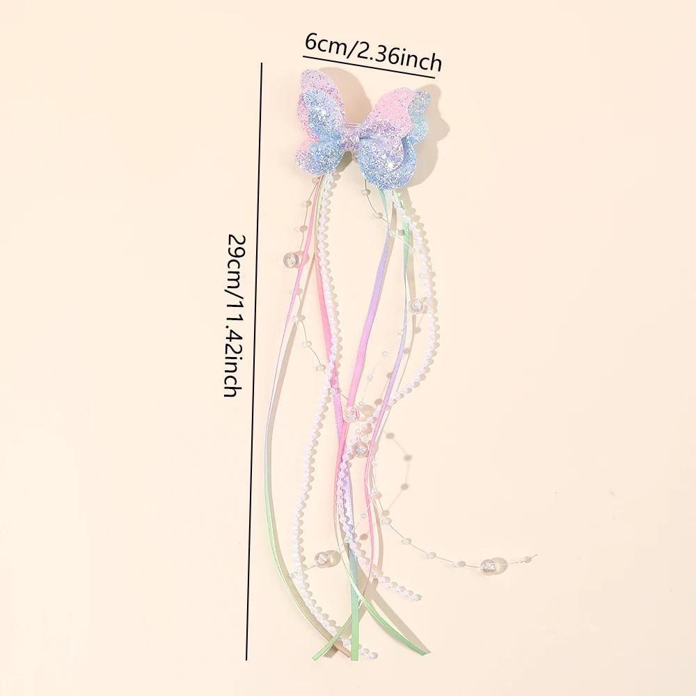 Pinces à cheveux avec nœud papillon à paillettes, 2 pièces, papillon arc-en-ciel avec de longues per