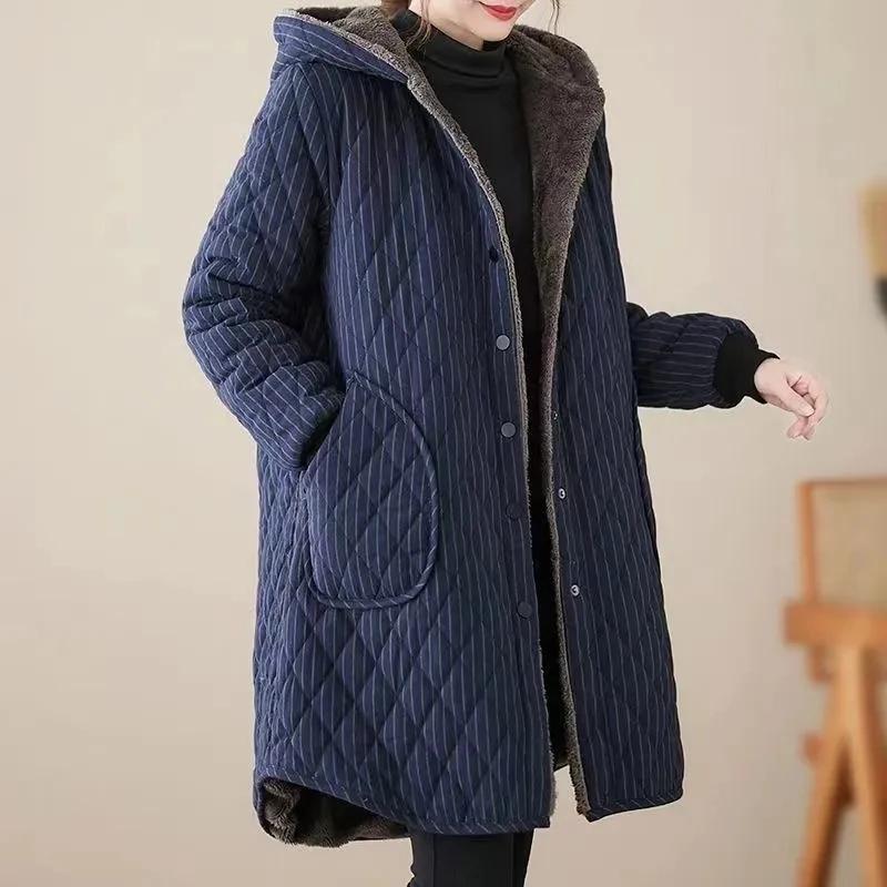 2025 automne hiver nouvelle veste en coton rayé femmes chaud en peluche épaissir manteau à capuche m