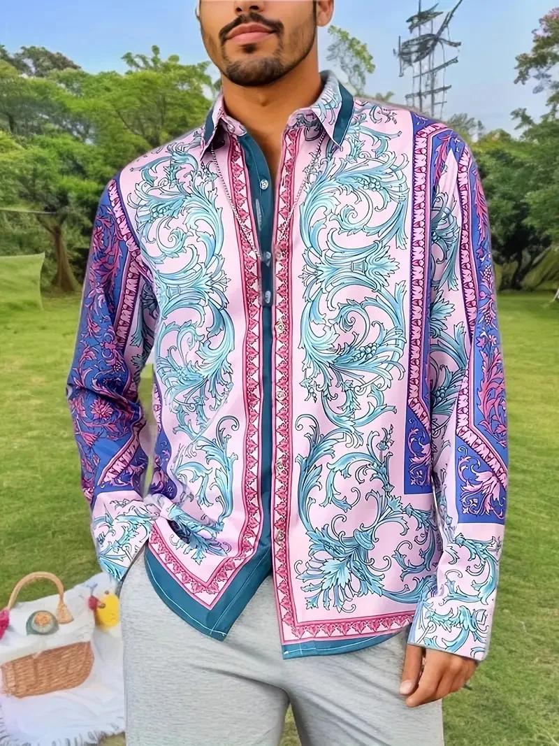 Chemise hawaïenne à manches longues pour hommes, motif floral, revers imprimé en 3D, confortable, mo