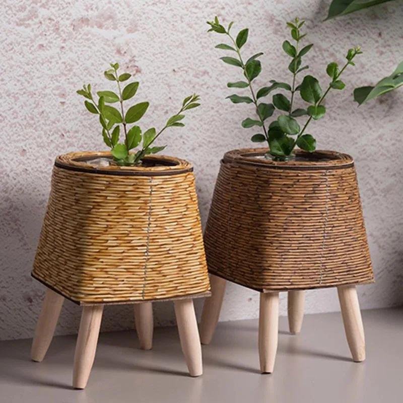 Étagère à fleurs nordique Imitation rotin Pot de fleur tissé panier de fleurs avec pieds amovibles s