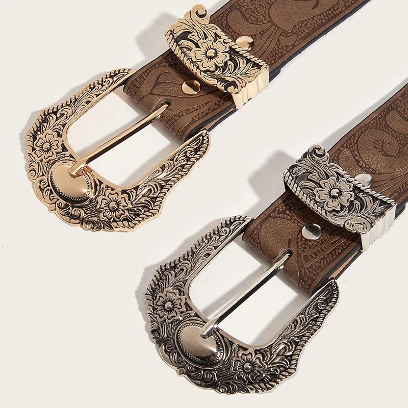 Ceinture Vintage en cuir PU marron occidental pour femme, ceinture de taille Cowgirl avec boucle en 