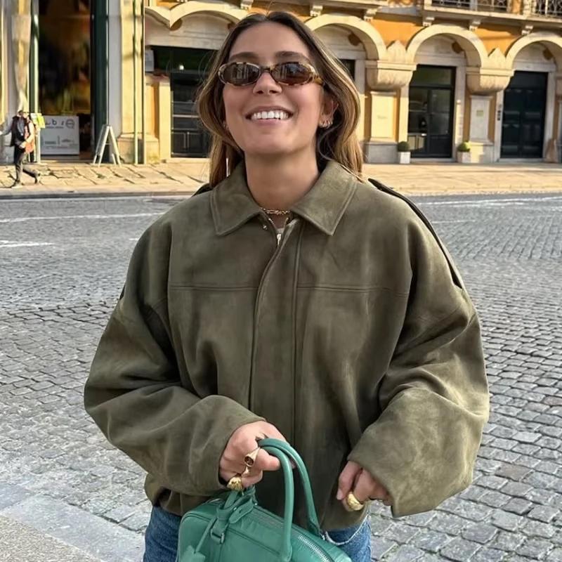 HXAO femmes Bomber veste revers fermeture éclair manches longues veste en daim femmes 2025 haute rue