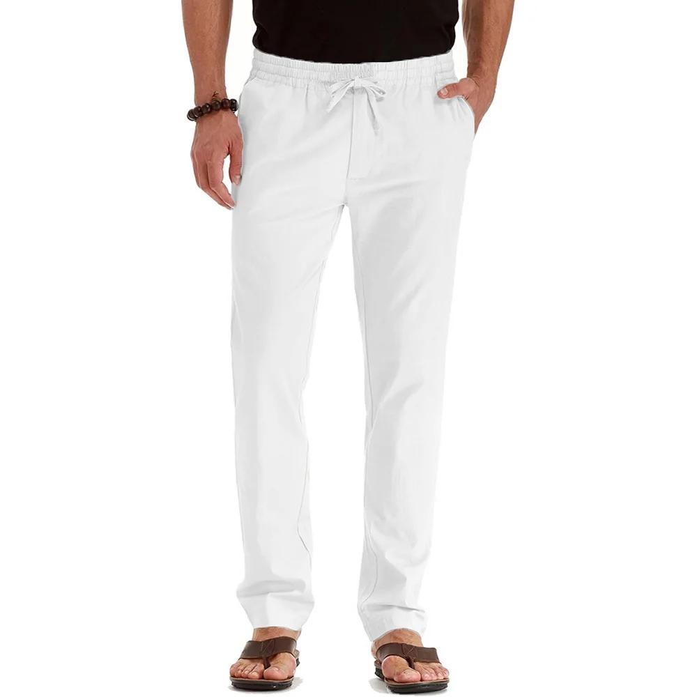 Pantalon Long en coton et lin pour hommes, décontracté, hawaïen, jambe droite, survêtement léger, no