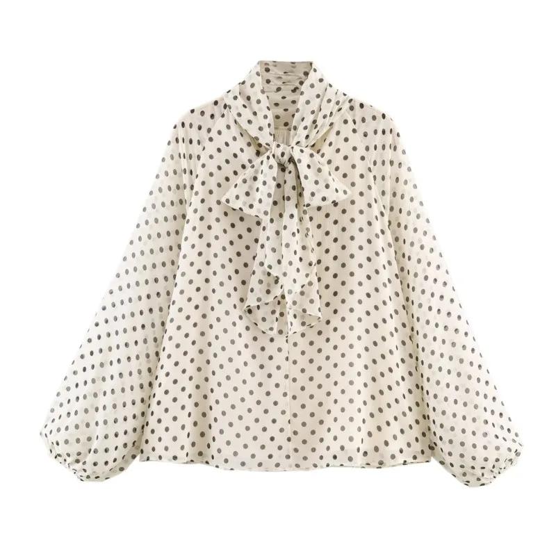 Femmes à pois imprimé Blouse décontracté col haut à manches longues dame haut Simple femmes Blouse f