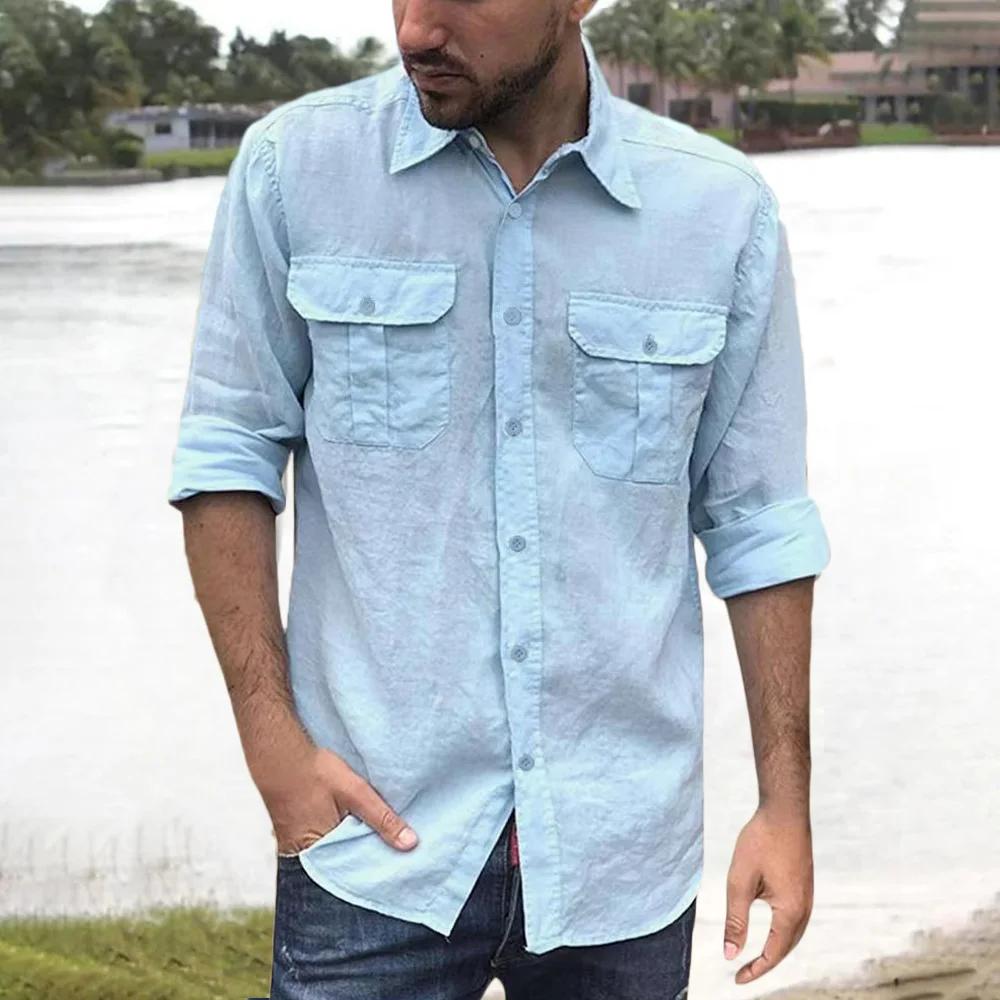 Chemise en coton et lin pour hommes, manches longues, couleur unie, hauts décontractés, revers, Doub