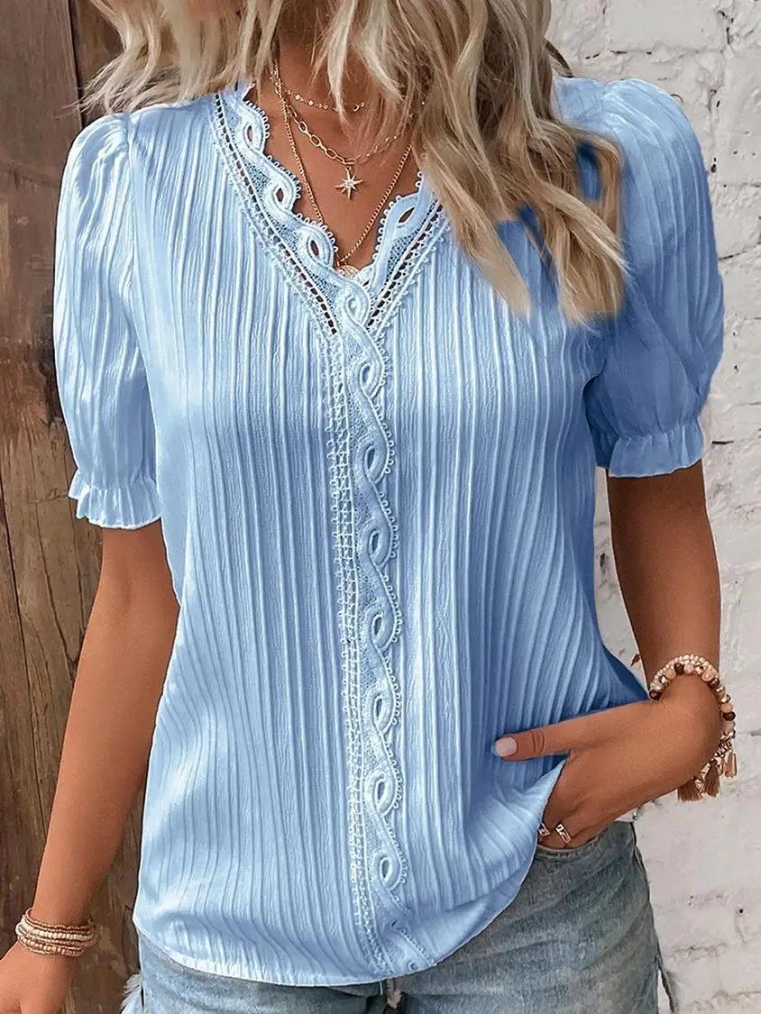 Chemisier élégant à manches courtes pour femme, chemise col en V, patchwork de dentelle, été