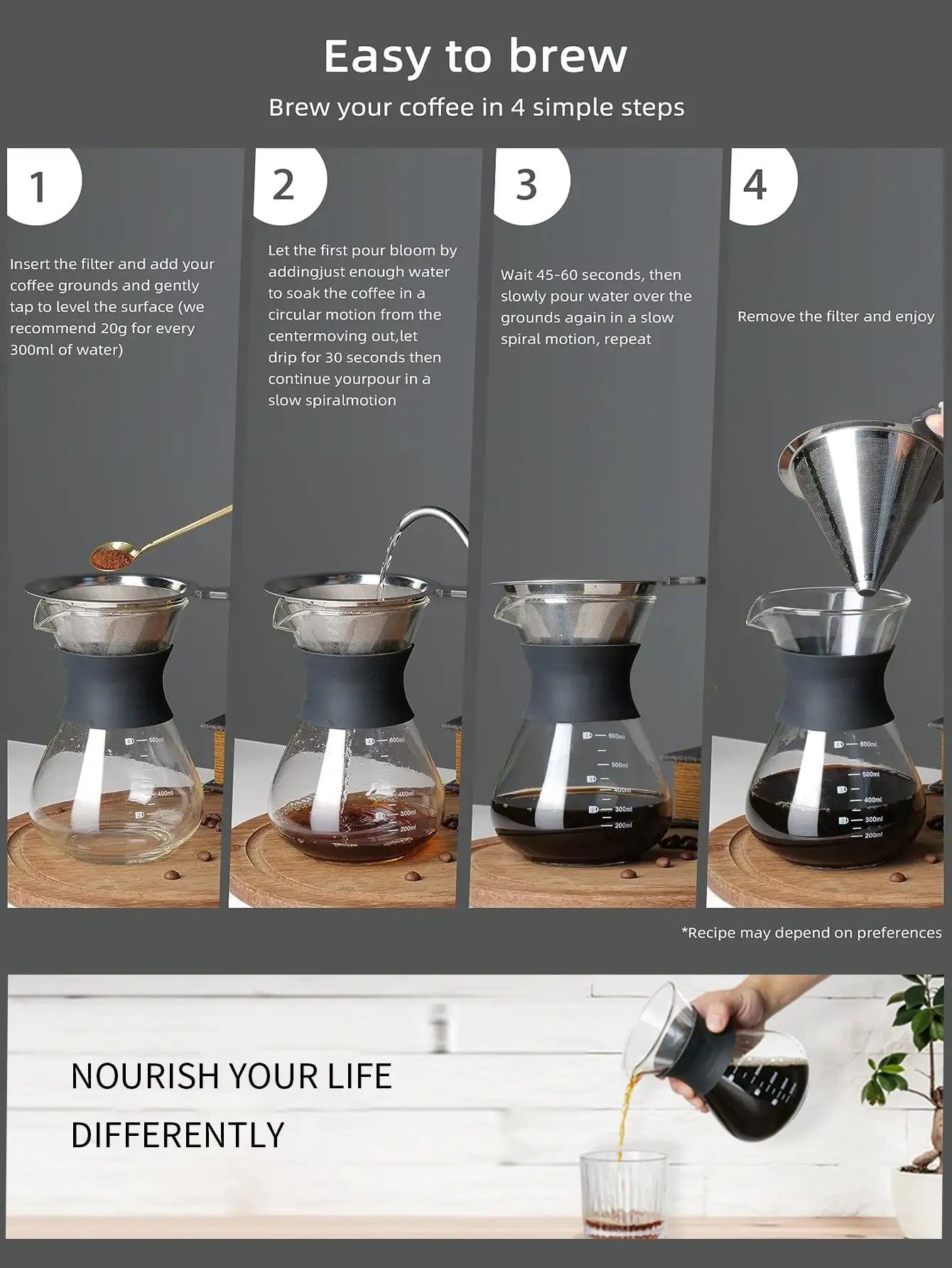 Leeseph Pour Over Coffee Brewer avec filtre à café en acier inoxydable, cafetière goutteur verser av