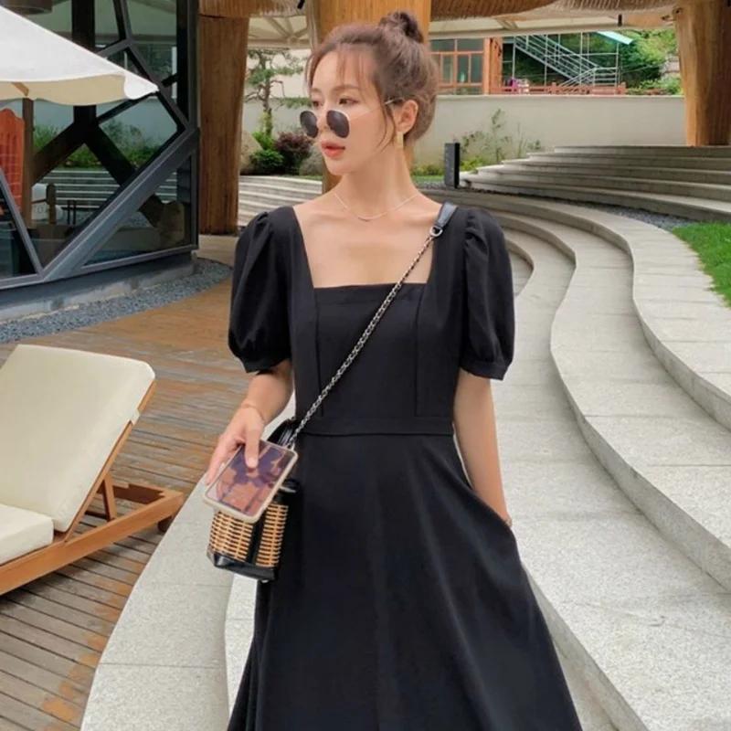 Robe Chic Vintage Noire pour Femme, Taille Haute, Col Carré, Manches Bouffantes, Nministériels d Tra