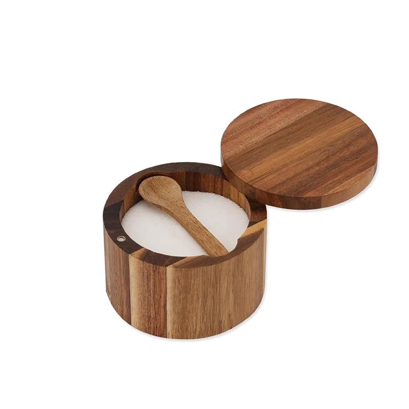 Bol à sel et à poivre en bois d'acacia avec couvercle et cuillère Adave à sel d'acacia avec 360 °   