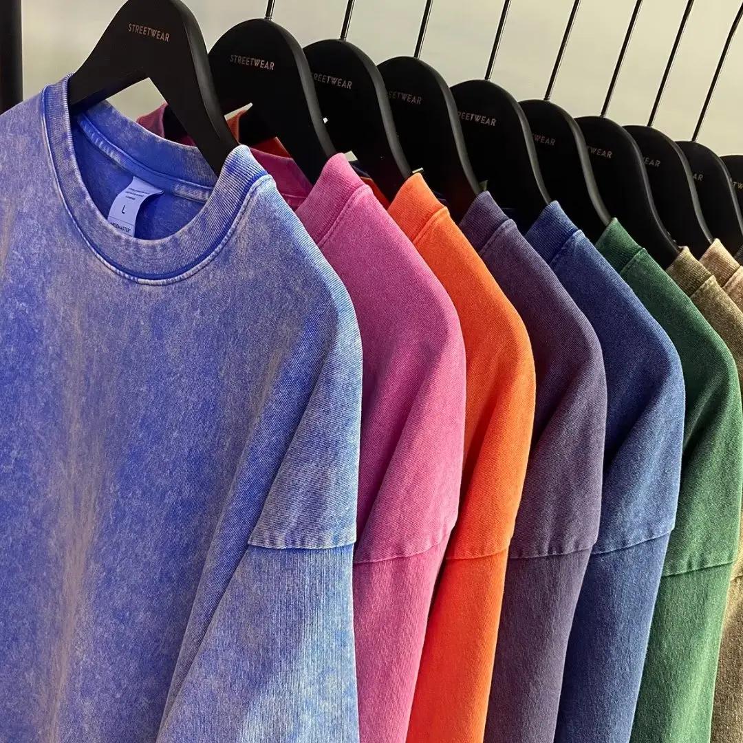 Style américain rétro lourd couleur unie à manches courtes T-shirt hommes femmes été rue à la mode l