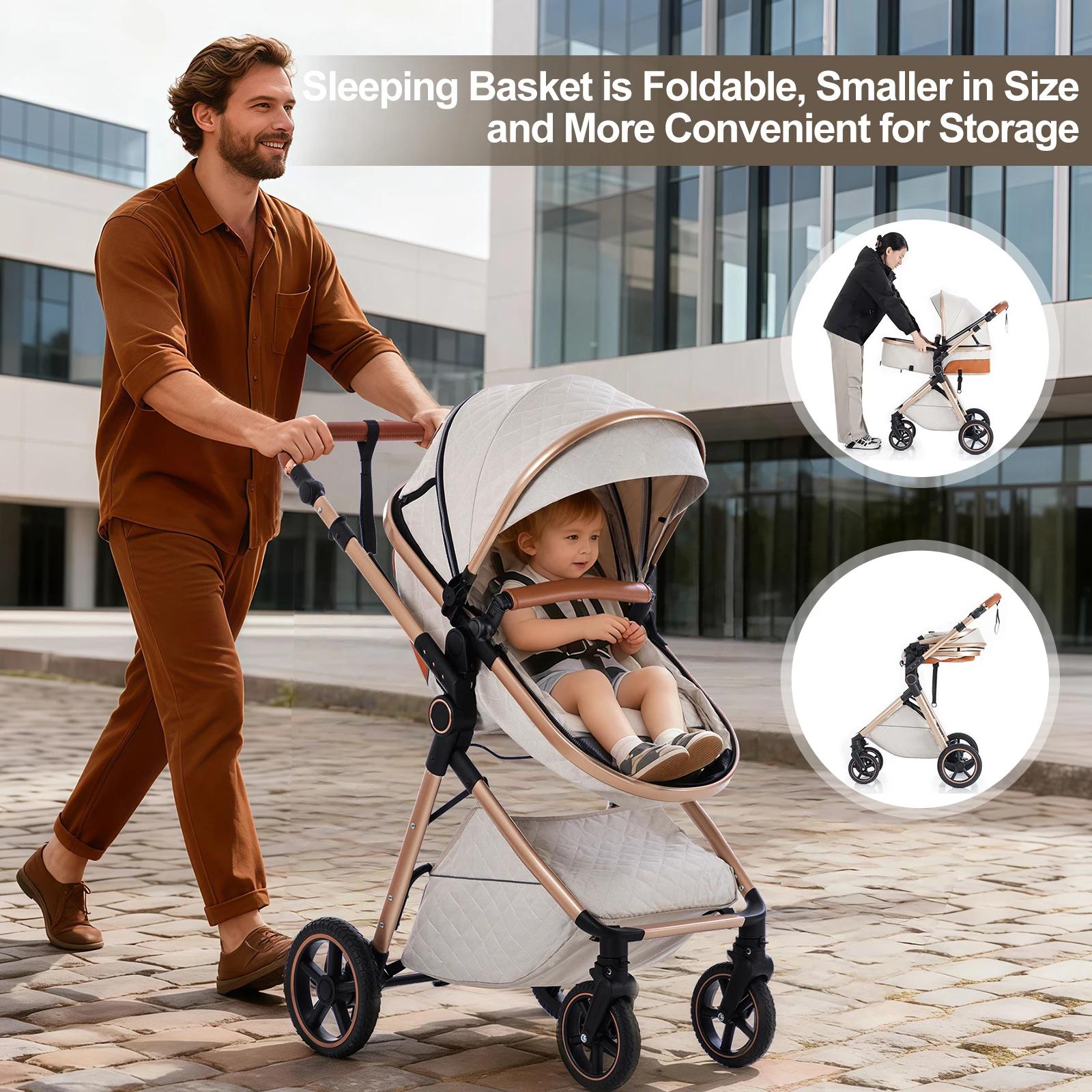 Poussette de luxe 3 en 1, portable, pliable, pour nouveau-né, avec poignée réglable, possibilité d'a
