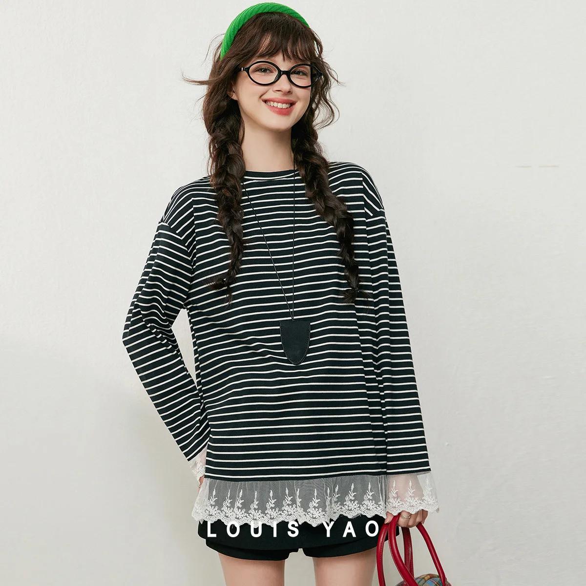 T-shirts pour femmes LOUIS YAO aux couleurs contrastées, collection automne 2025, à rayures et dente