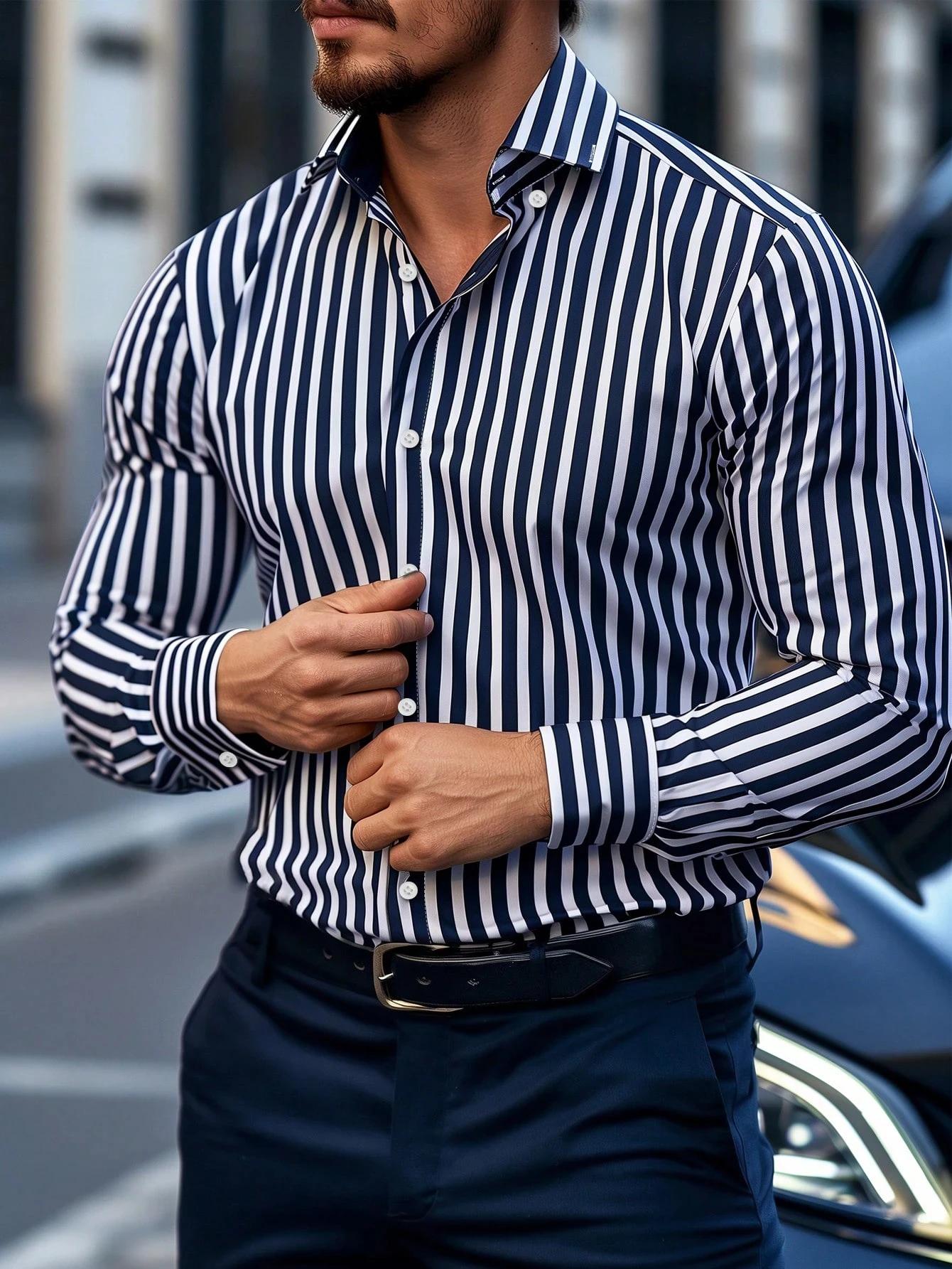 ​ ​ Chemise habillée rayée pour hommes, simple boutonnage, manches longues, tenue de bureau décontra