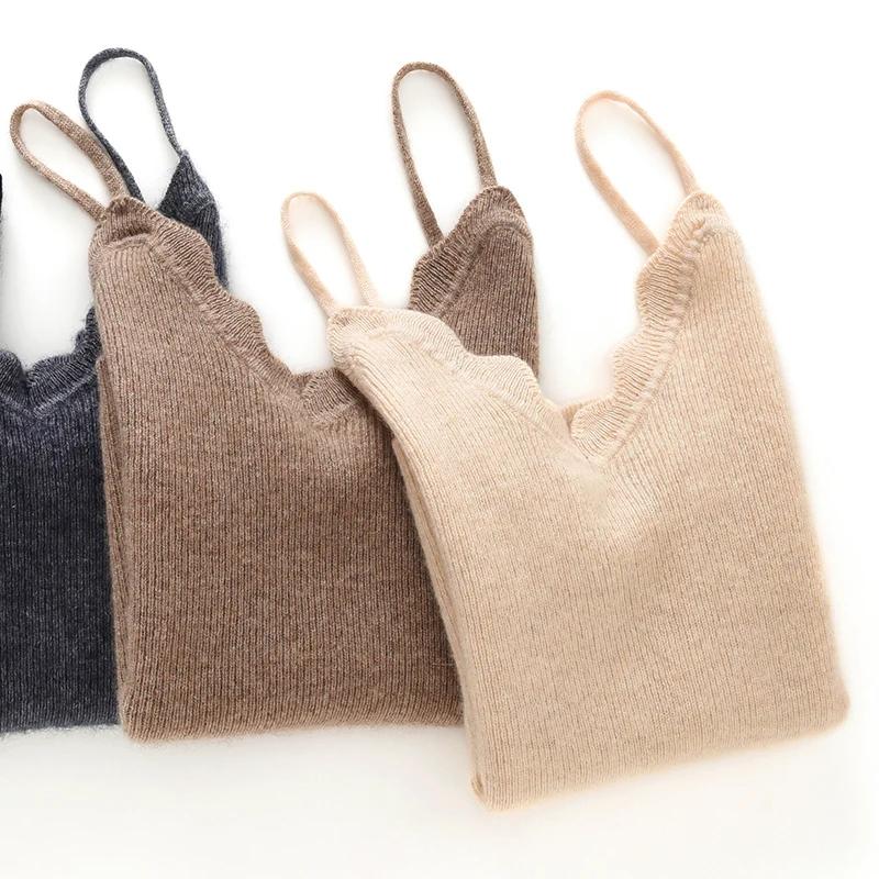 2025 été 100% chèvre cachemire bretelles femmes tricoté cachemire col en v pulls hauts à la mode vêt