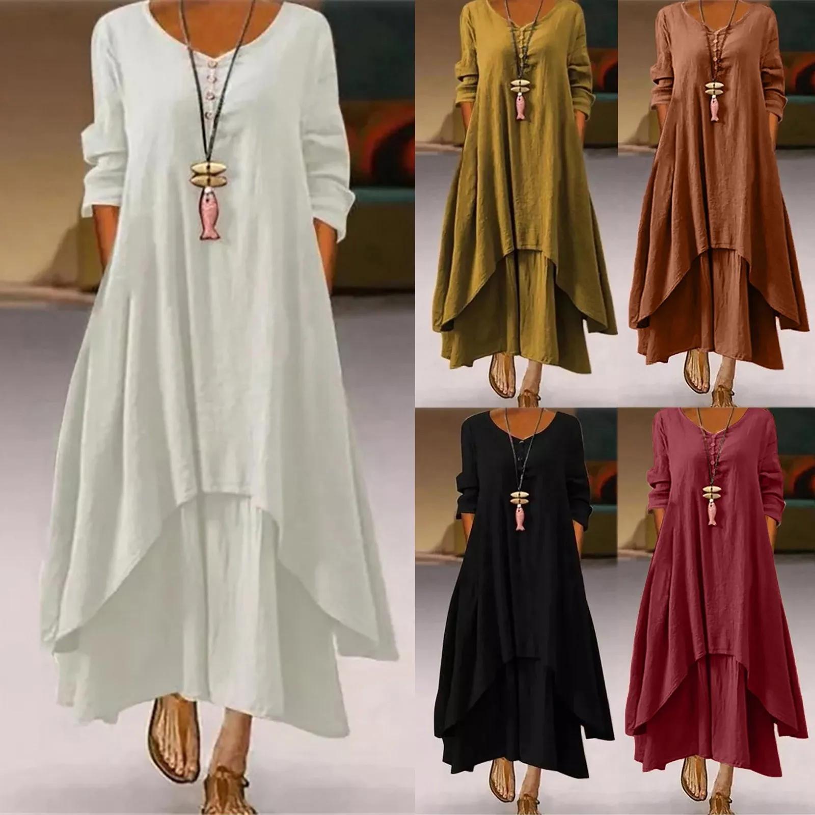 Robe longue en coton pour femmes, décontractée, à la mode, avec boutons, couleur unie, pour document