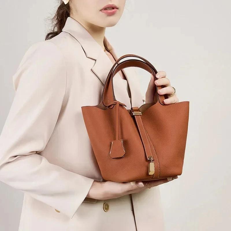 Sacs à main en cuir véritable pour femmes, petit panier seau, sacs à bandoulière de styliste, fourre