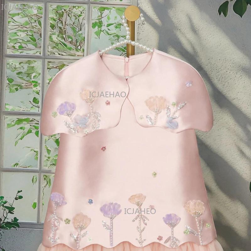 Robes d'anniversaire élégantes pour enfants 2026 avec fleurs 3D, Robe de cérémonie sans manches, Vêt