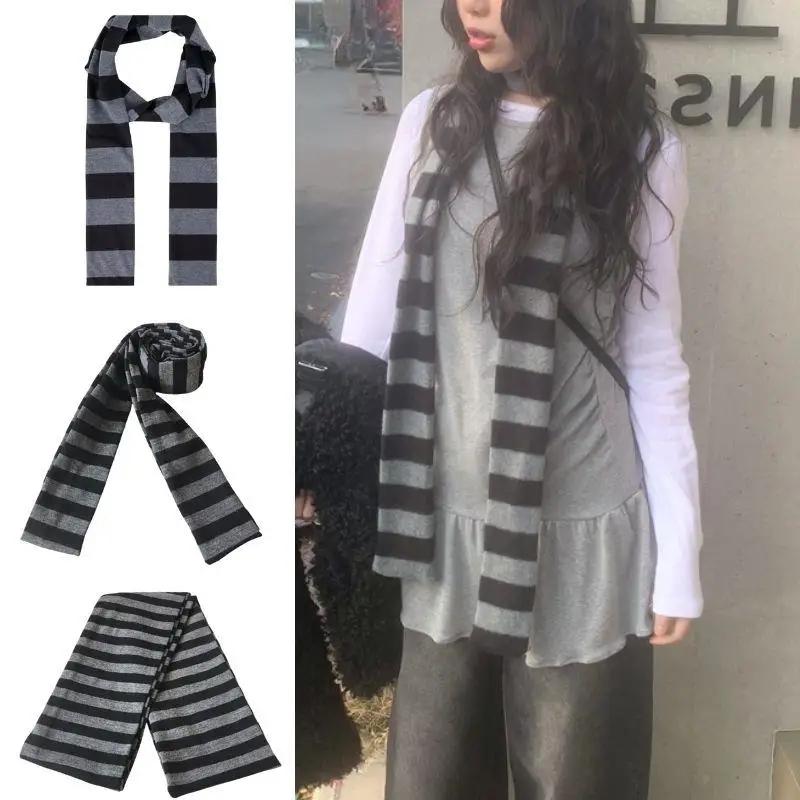 Y2K noir gris rayé écharpe pour femmes coton longue écharpe tour de cou écharpe Punk maigre mince co