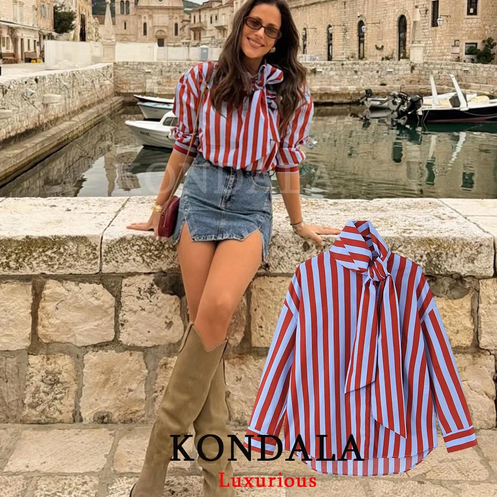 KONDALA Blouse Vintage Femme Rayée Col Rabattu Nœud Manches Longues Boutonnage Simple Mode Printemps
